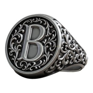 Sterling silver ornamental monogram signet ring vintage baroque design