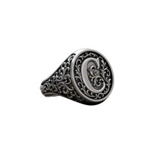 Letter C ornamental signet ring sterling silver with baroque frame