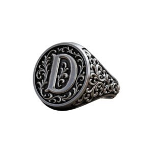 Sterling silver monogram signet ring with ornate acanthus filigree frame