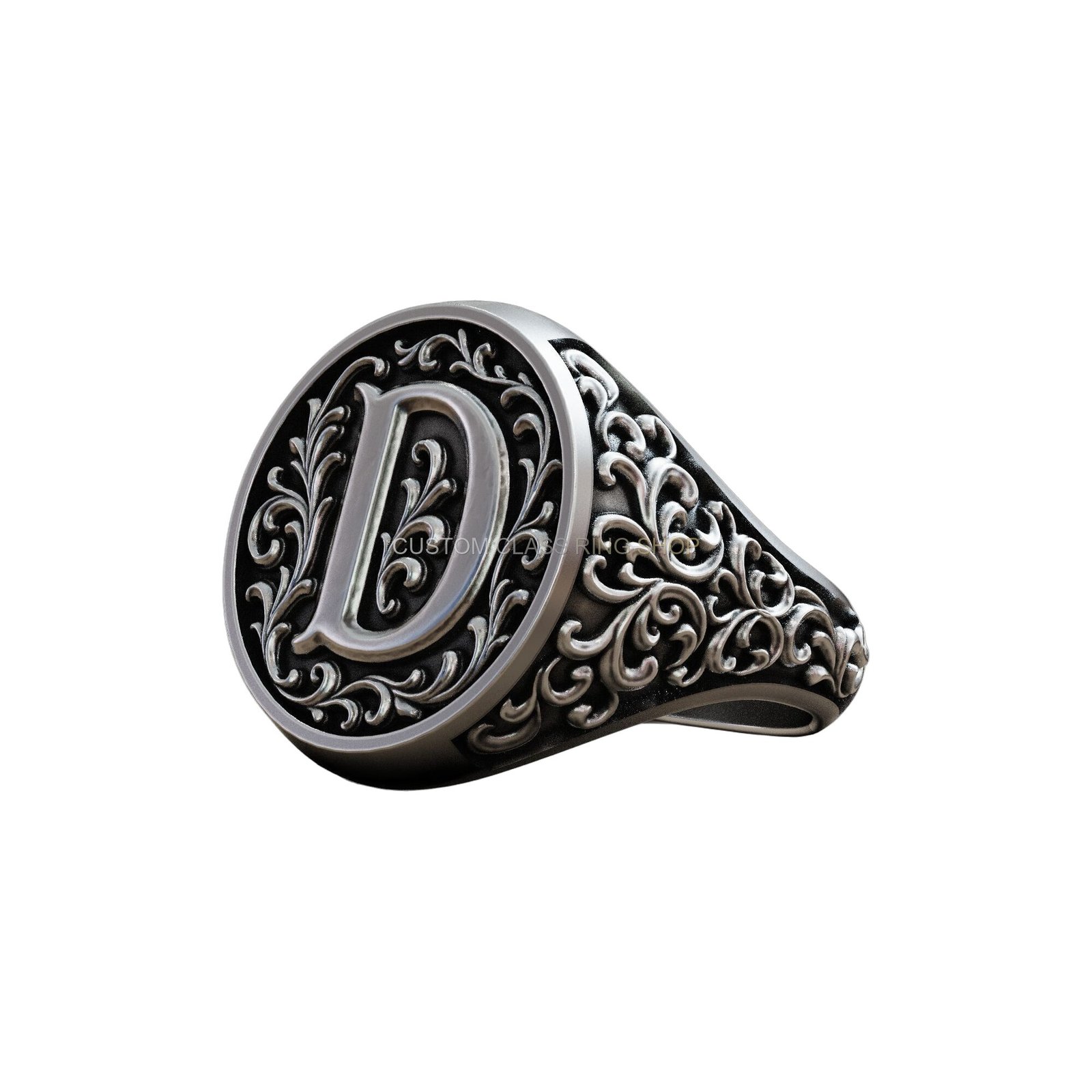 Sterling silver monogram signet ring, side profile showing band detail