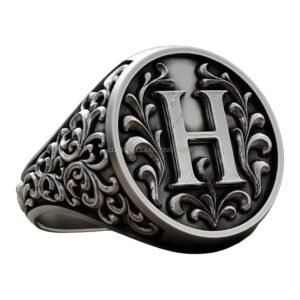 Sterling silver monogram signet ring with baroque letter H