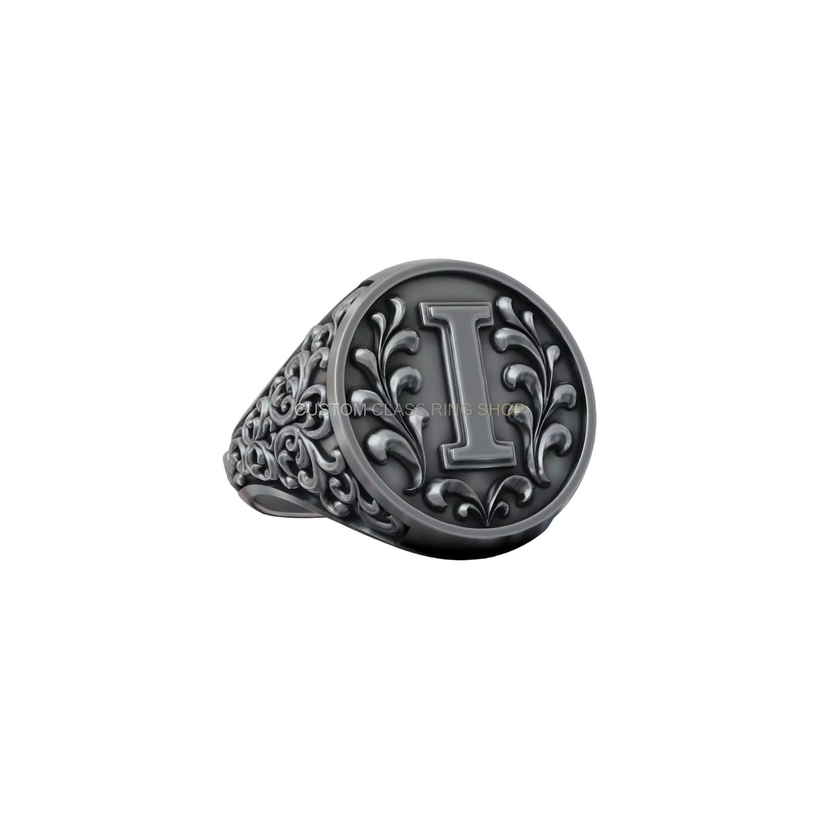 Sterling silver letter i monogram signet ring with baroque acanthus leaf borders