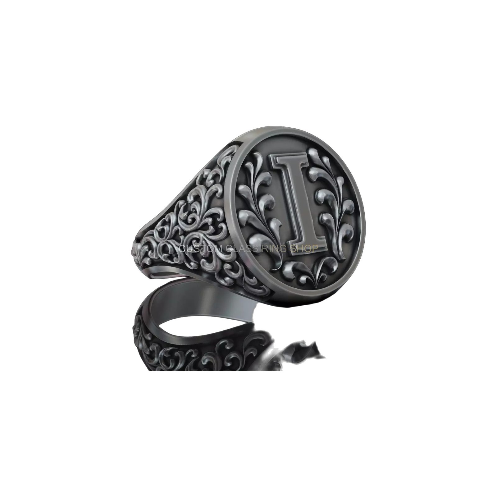 Sterling silver letter i monogram signet ring, left side profile with acanthus details