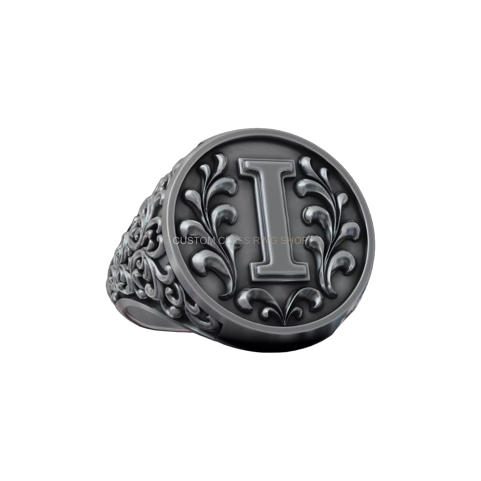 Sterling silver letter i monogram signet ring, right side profile detail