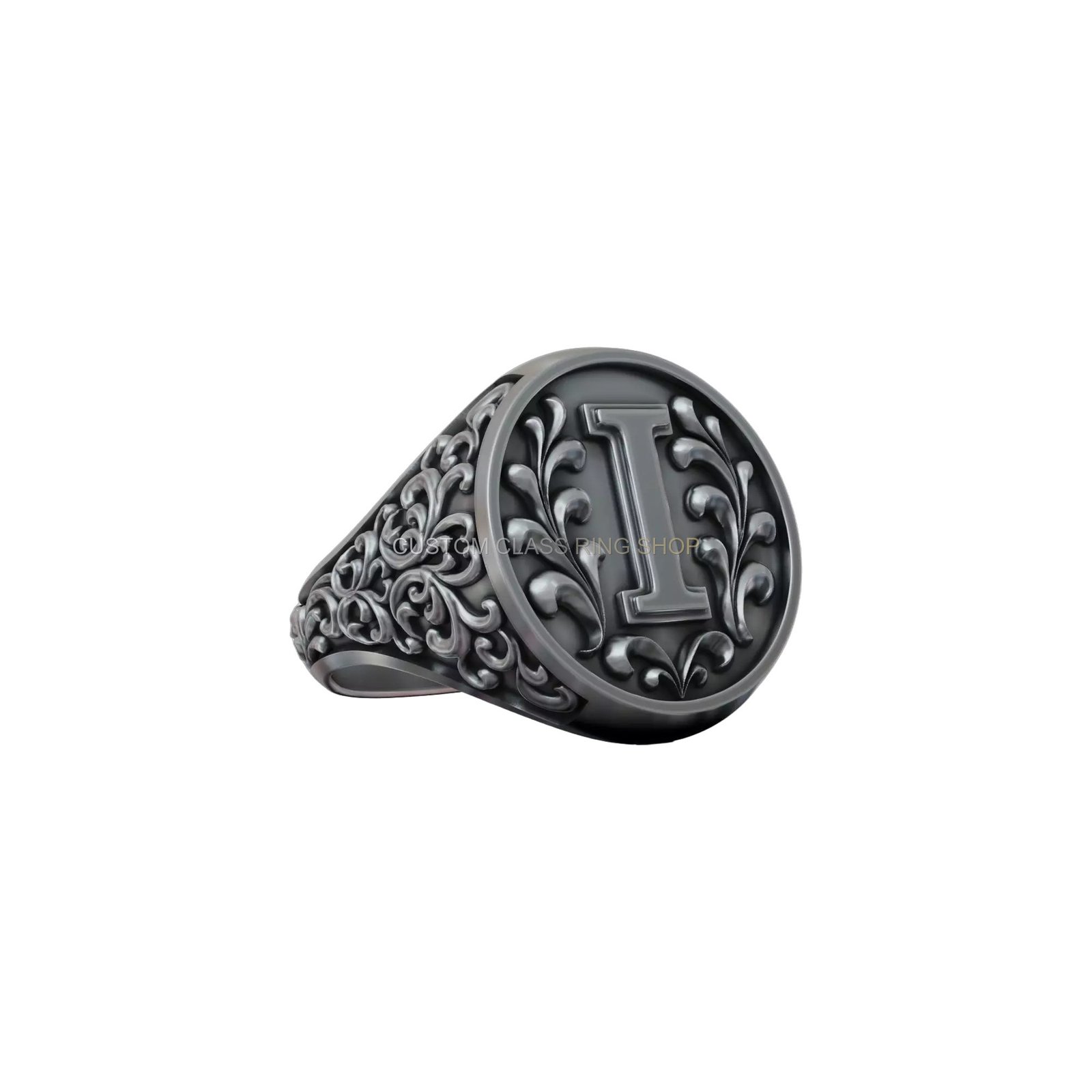 Sterling silver letter i monogram signet ring with baroque acanthus leaf borders