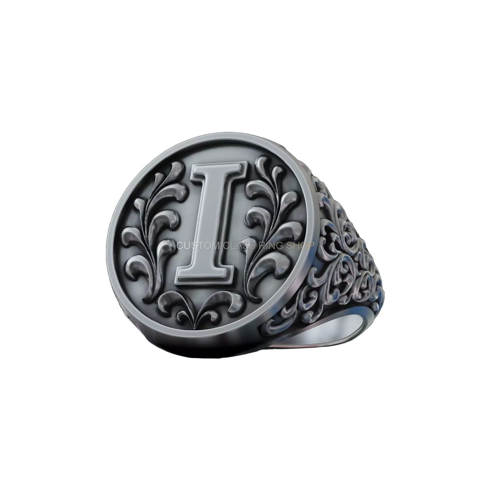 Sterling silver letter i monogram signet ring with baroque acanthus leaf borders