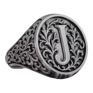 Letter J vintage ornamental signet ring, oxidized 925 sterling silver