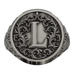 Sterling silver letter L monogram signet ring with baroque ornament