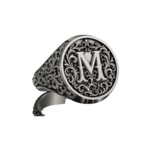 Letter M ornamental sterling silver signet ring with acanthus scrollwork