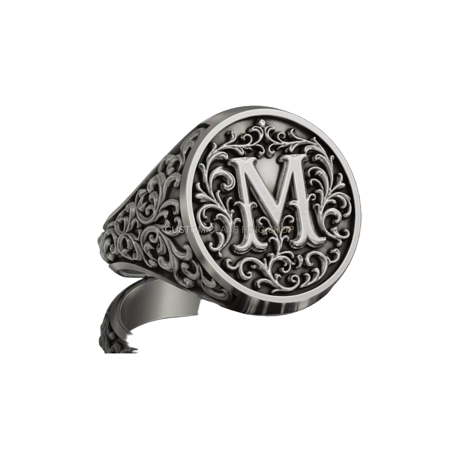 Letter M ornamental sterling silver signet ring with acanthus scrollwork