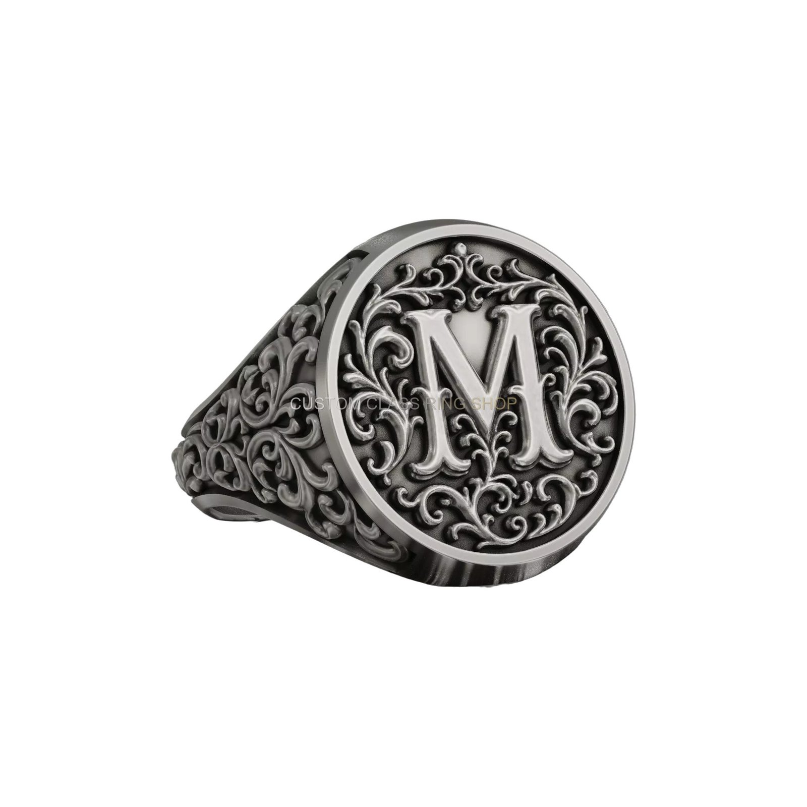 Letter M ornamental sterling silver signet ring with acanthus scrollwork