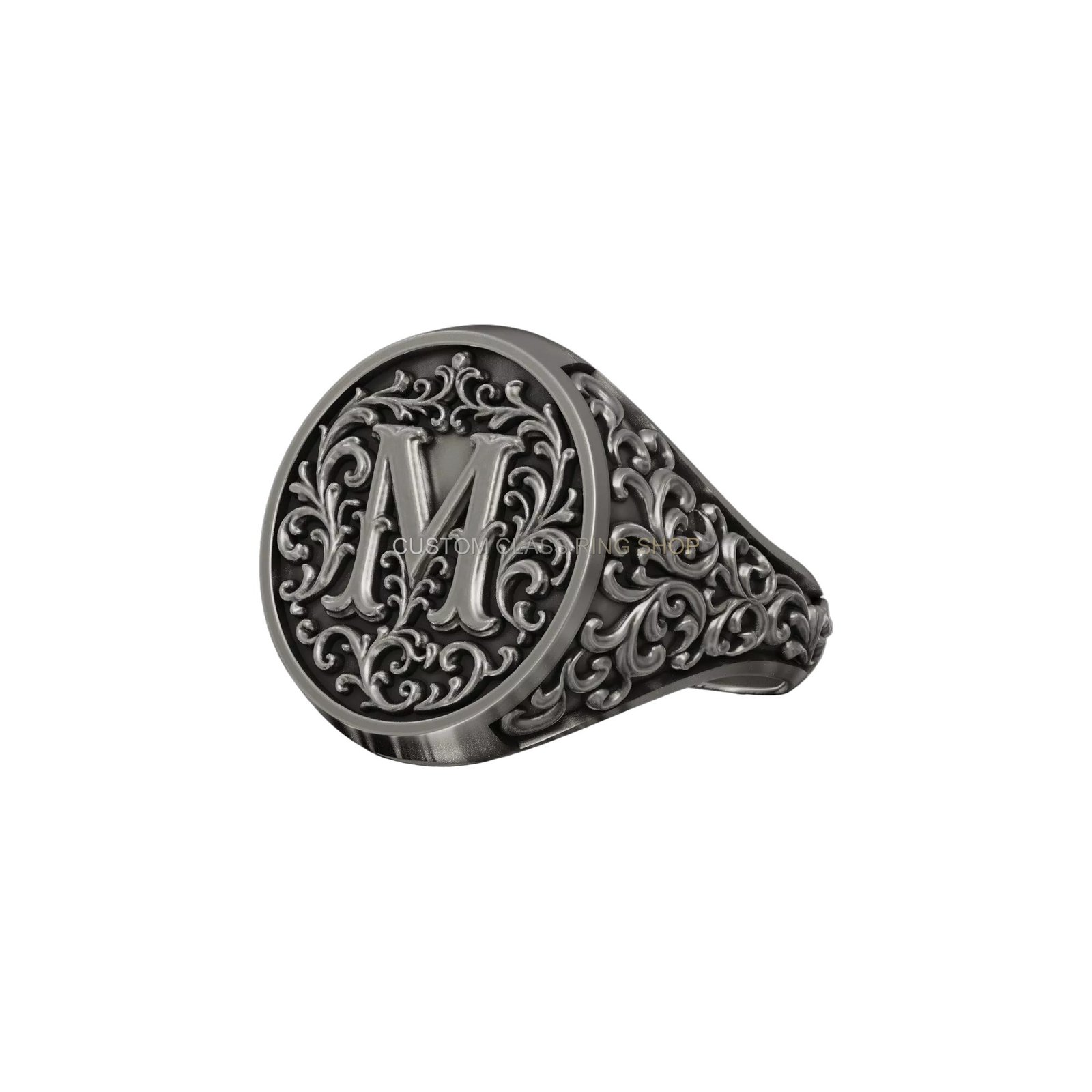 Letter M ornamental sterling silver signet ring with acanthus scrollwork