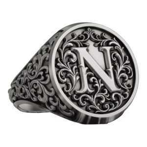 Monogram letter vintage signet ring 925 sterling silver baroque ornament