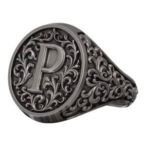 Sterling silver monogram signet ring vintage baroque letter design