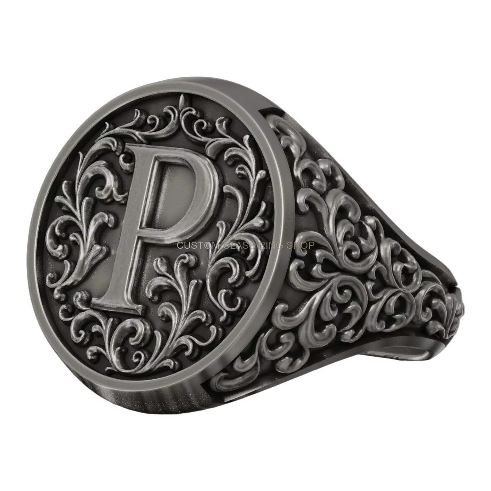 Sterling silver monogram signet ring vintage, front bezel and letter detail