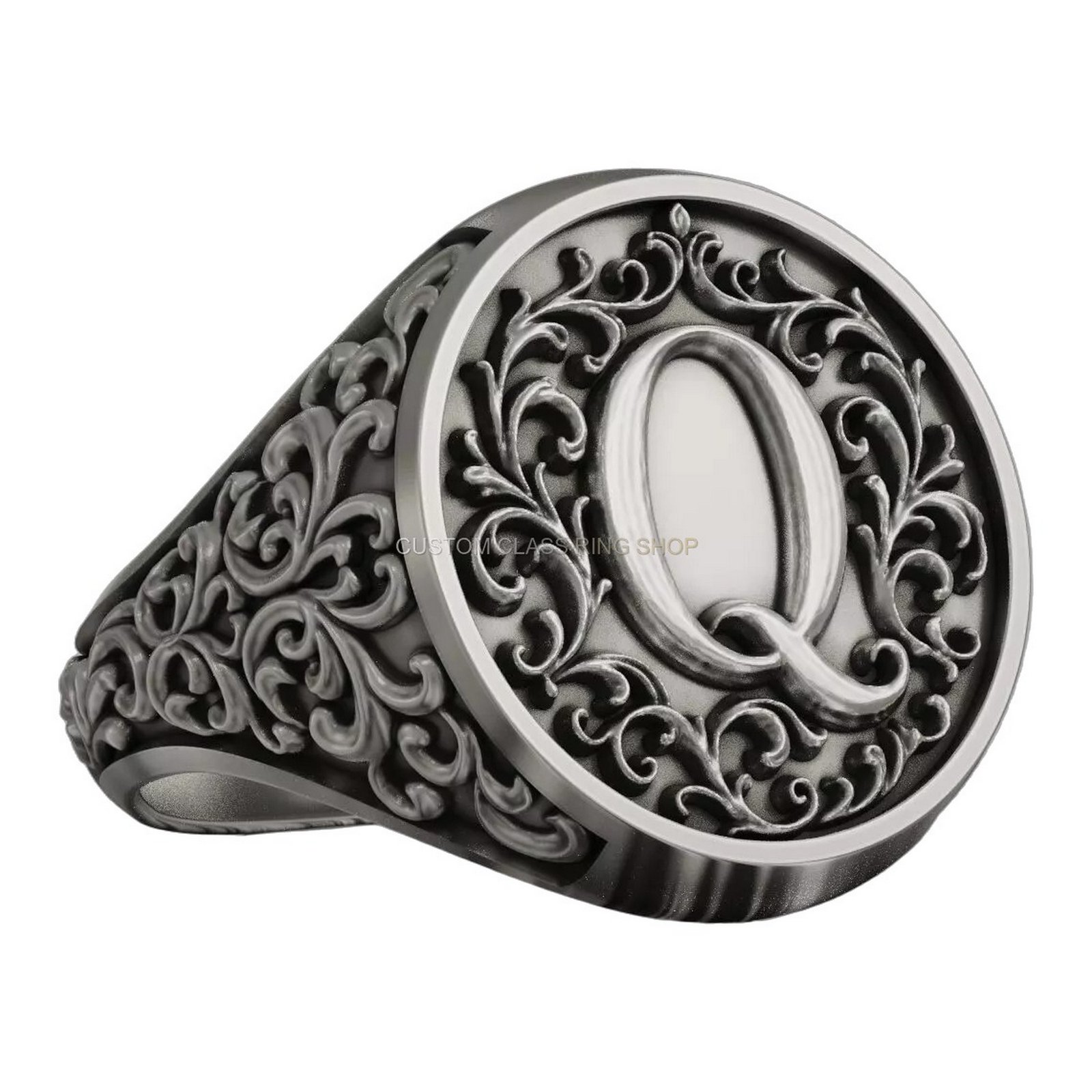 Sterling silver ornamental monogram Q signet ring vintage baroque