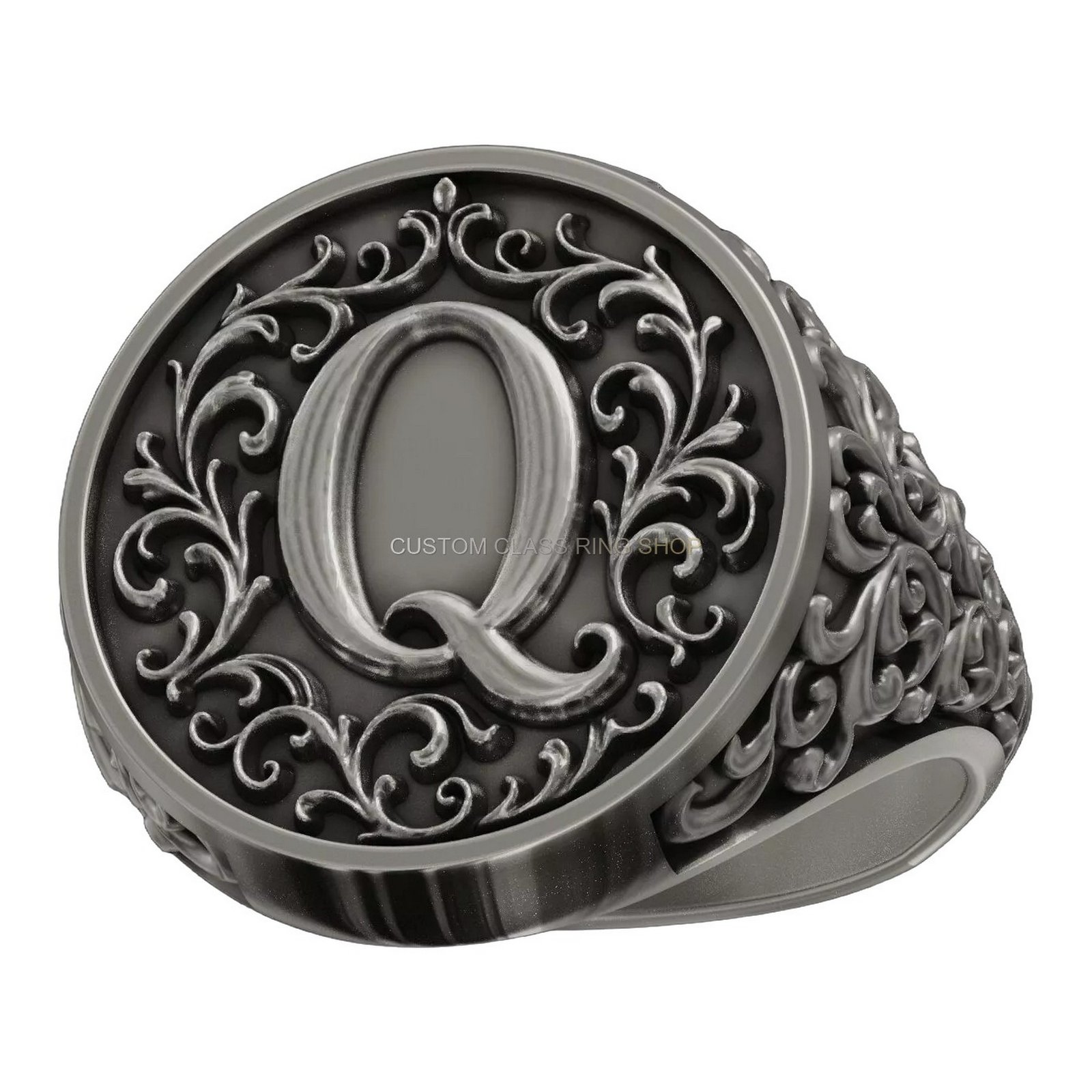 Sterling silver ornamental monogram Q signet ring, band and shoulder detail
