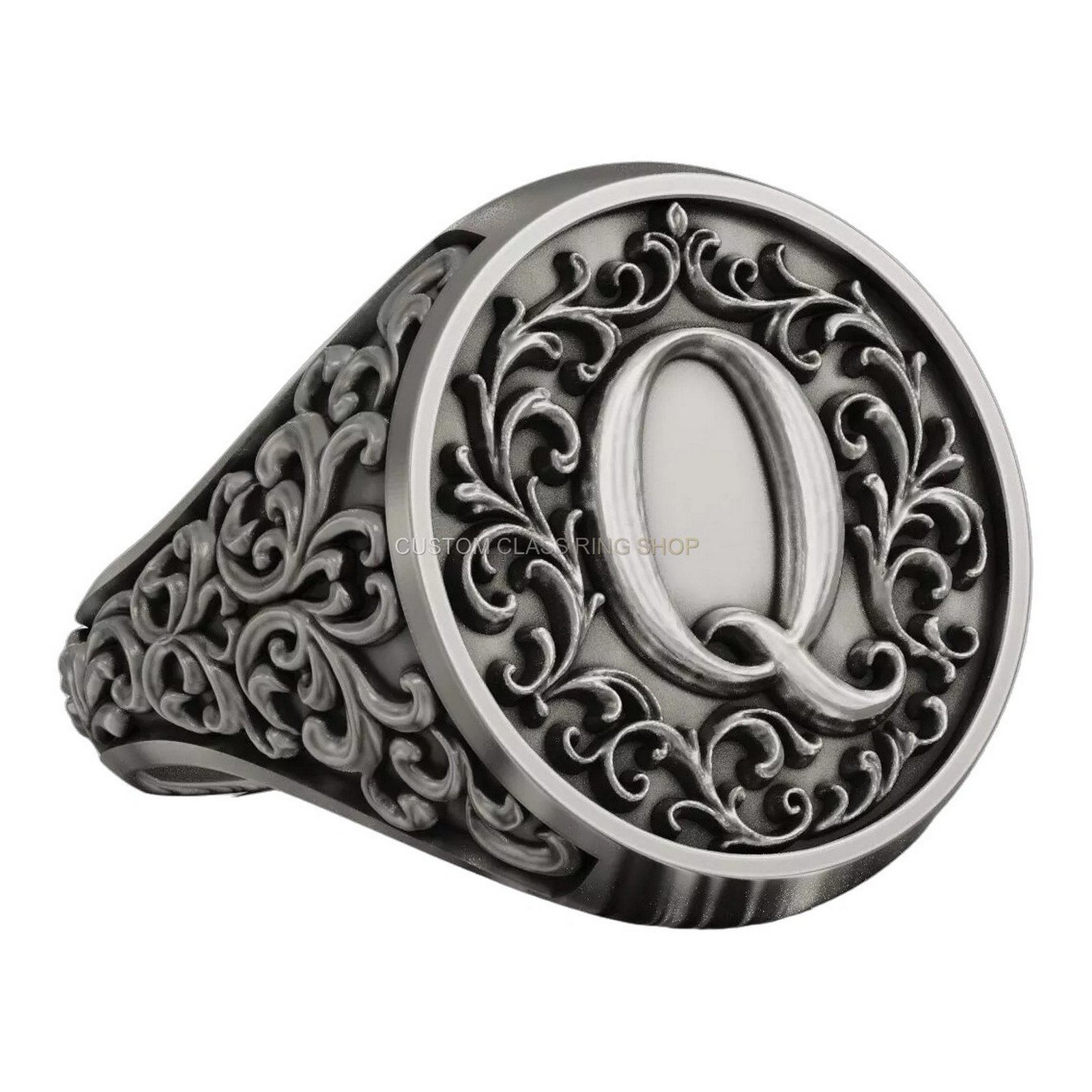 Sterling silver ornamental monogram Q signet ring vintage baroque
