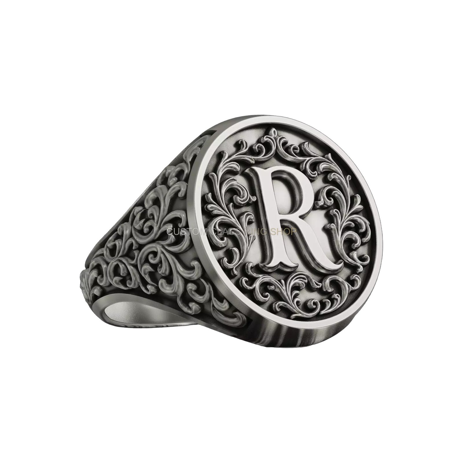 Letter r baroque signet ring sterling silver, angled three-quarter profile