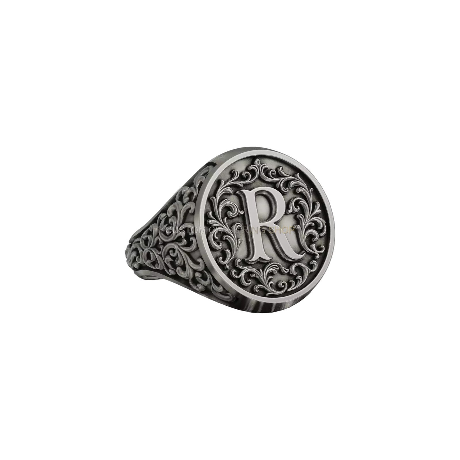 Letter r baroque signet ring sterling silver, front head-on bezel detail