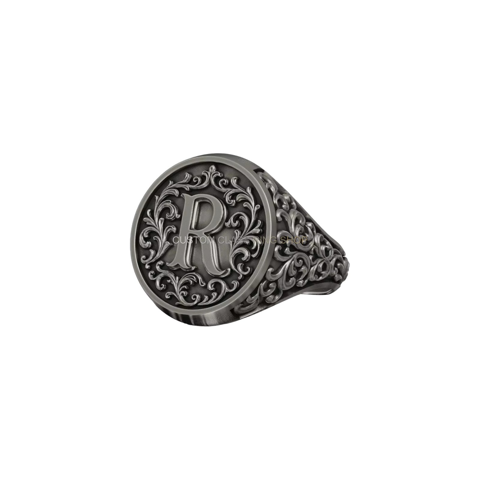 Letter r baroque signet ring sterling silver, top-down straight view