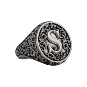 Sterling silver monogram signet ring with oxidized vintage ornament detail