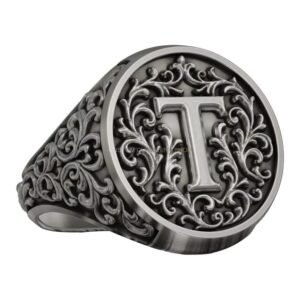 Sterling silver ornamental letter t signet ring with baroque frame detail