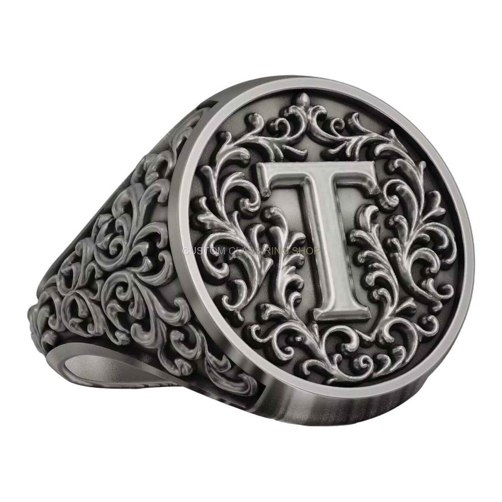 Sterling silver ornamental letter t signet ring with baroque frame detail