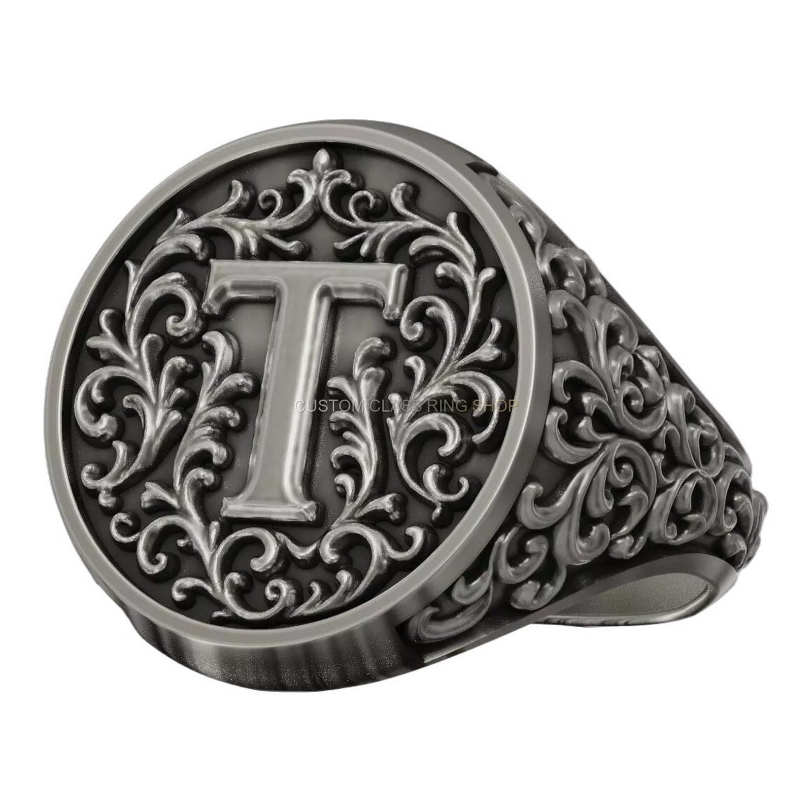 Sterling silver ornamental letter t signet ring, overhead front-facing detail