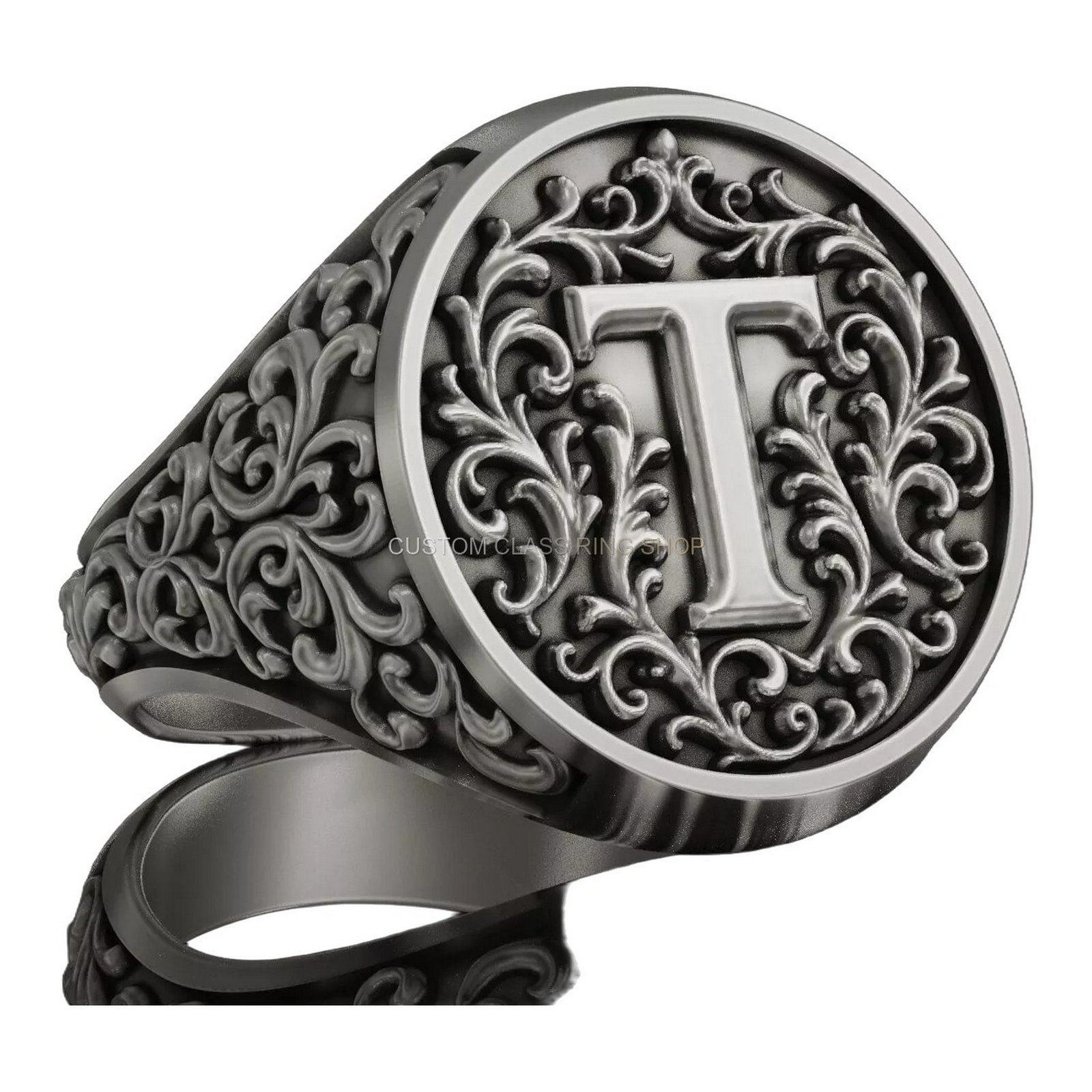 Sterling silver ornamental letter t signet ring, side profile showing band and filigree