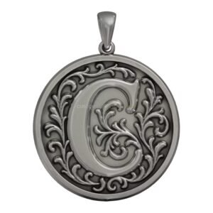 Sterling silver floral baroque monogram pendant, front head-on oval pendant