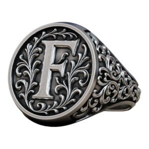 Sterling silver letter F monogram signet ring, oxidized antique finish