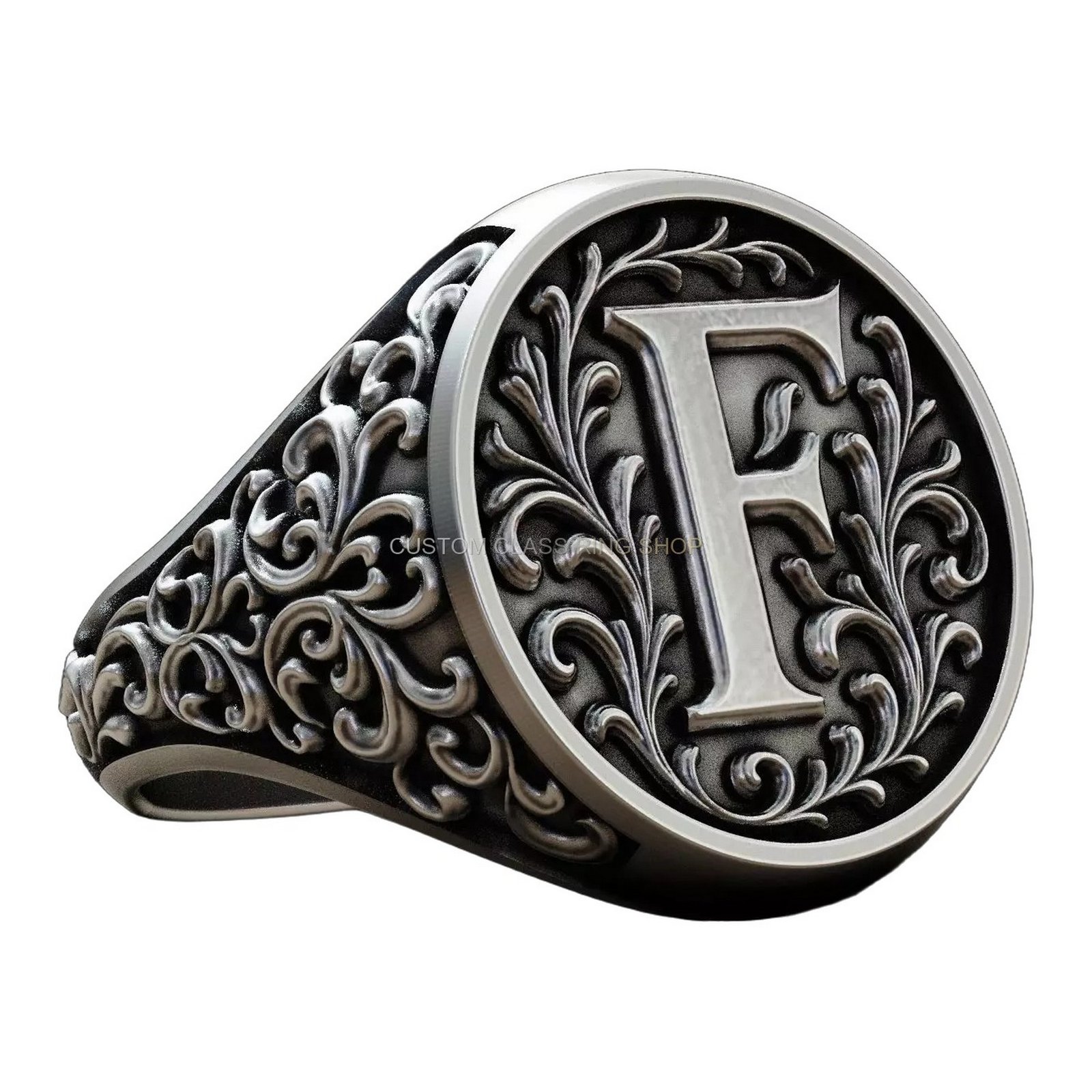 Sterling silver letter f monogram signet ring, left side profile and band detail