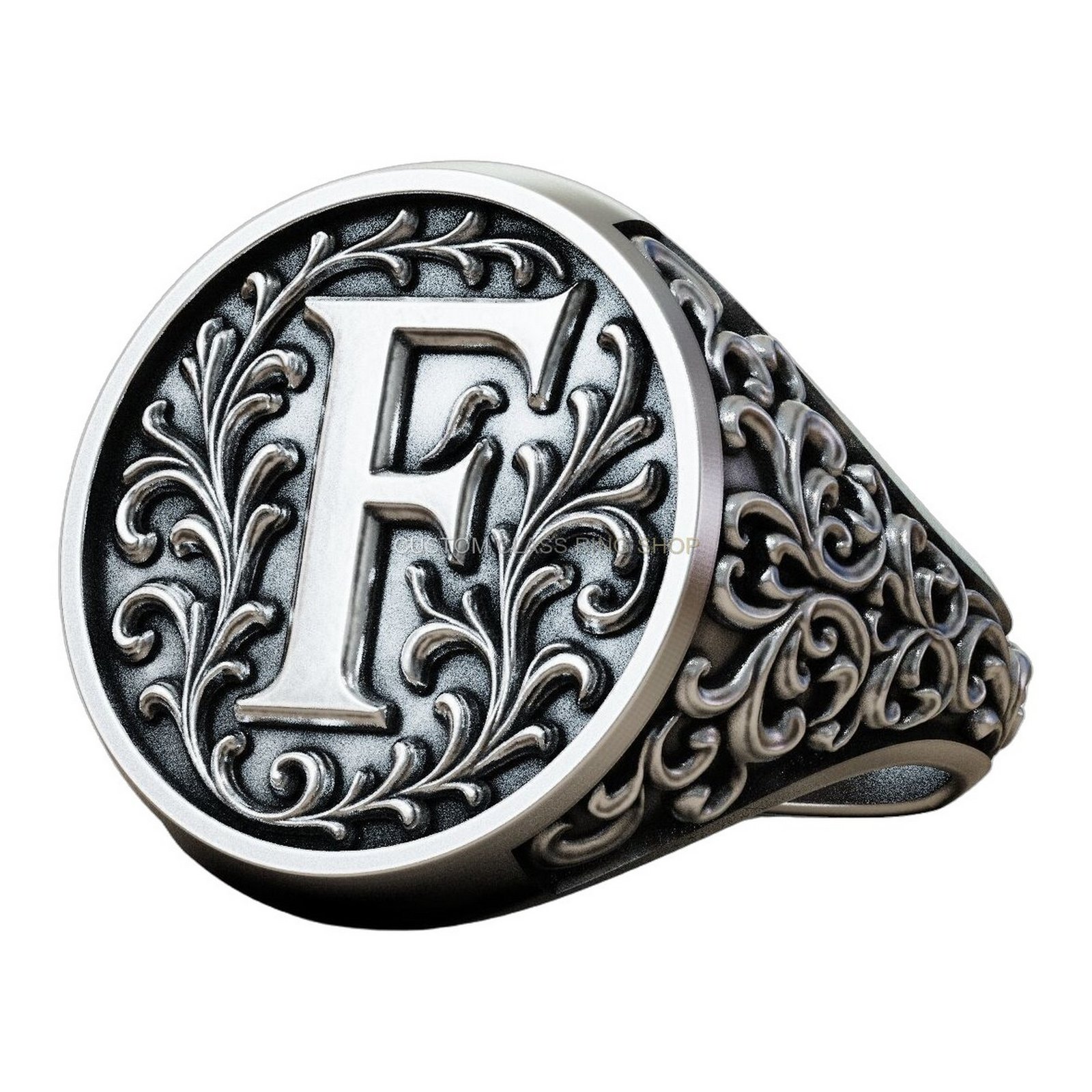 Sterling silver letter f monogram signet ring, right side band and shoulders