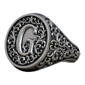 Sterling silver monogram letter vintage signet ring with ornate baroque filigree frame