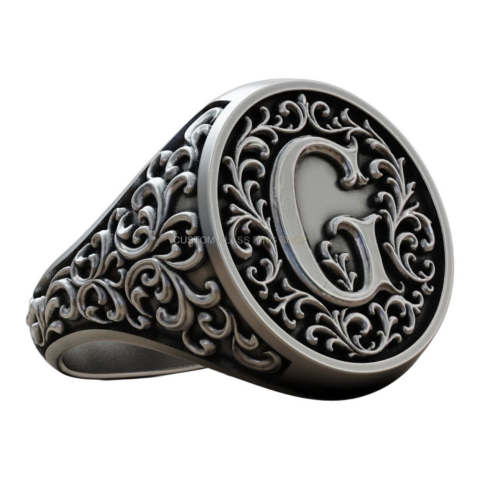 Sterling silver monogram letter vintage signet ring, right side profile angle