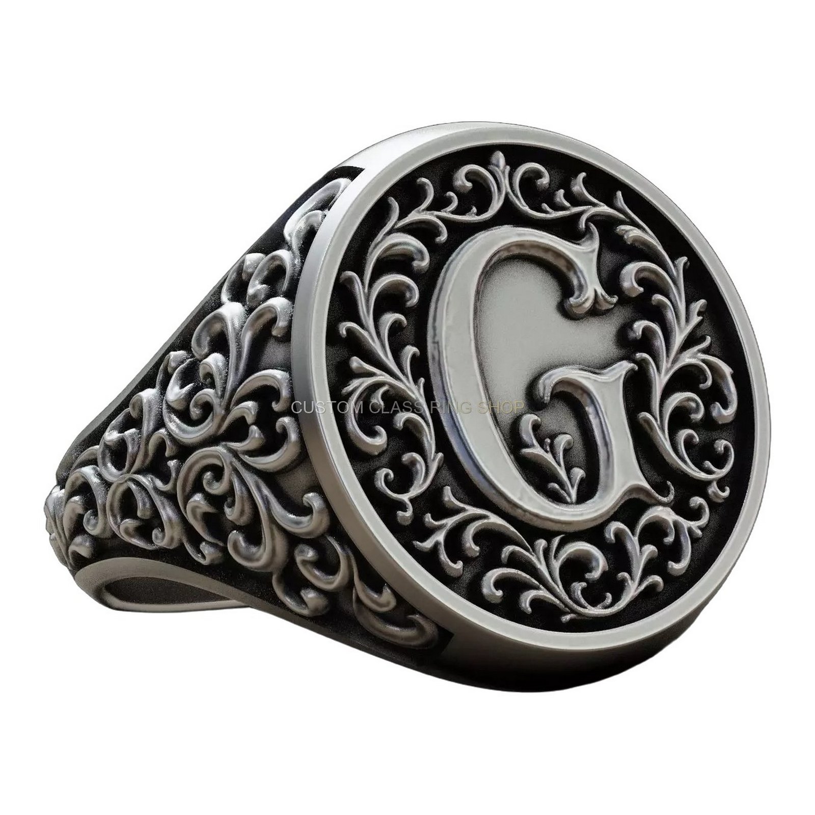 Sterling silver monogram letter vintage signet ring with ornate baroque filigree frame