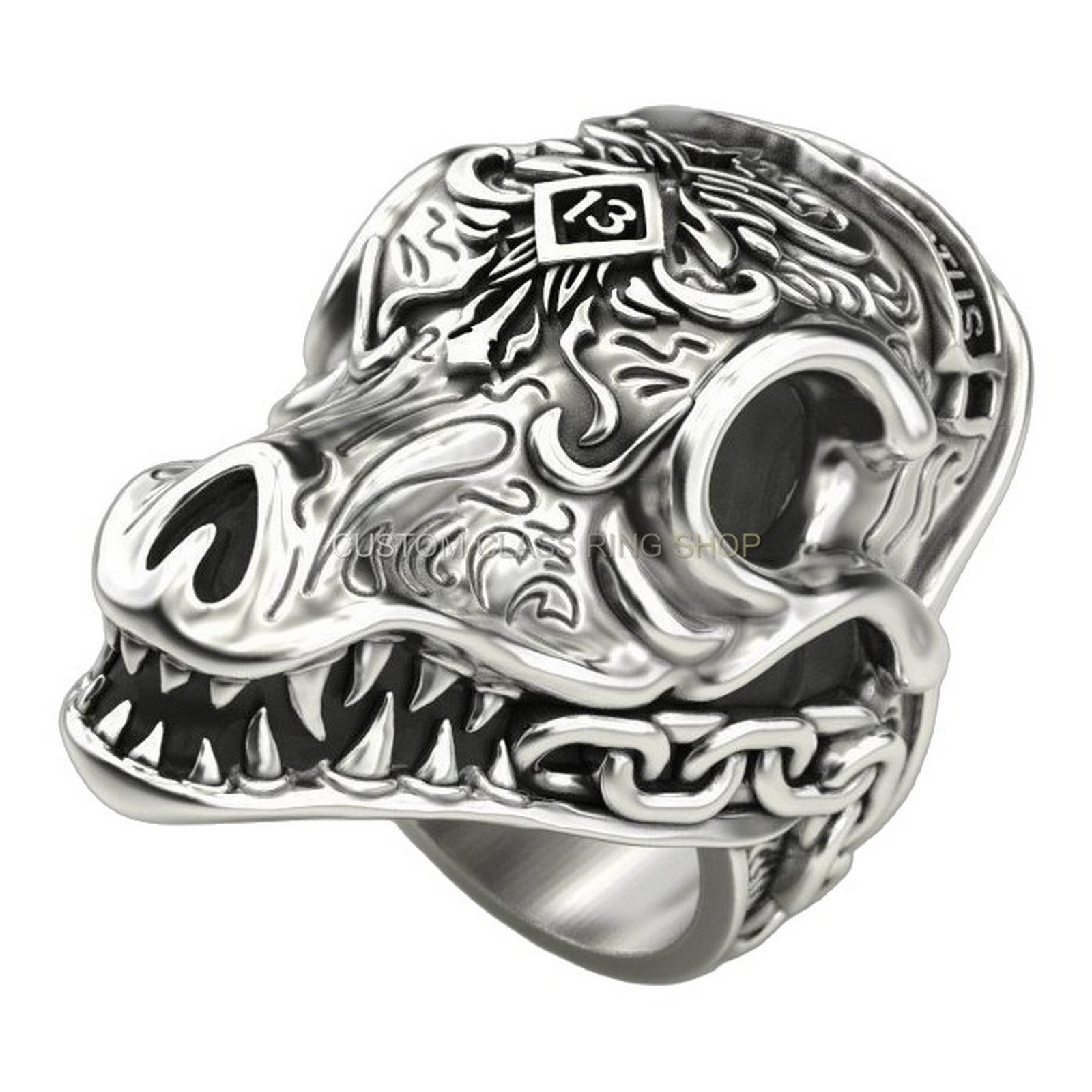mens sterling silver ornate skull ring with baroque filigree scrollwork