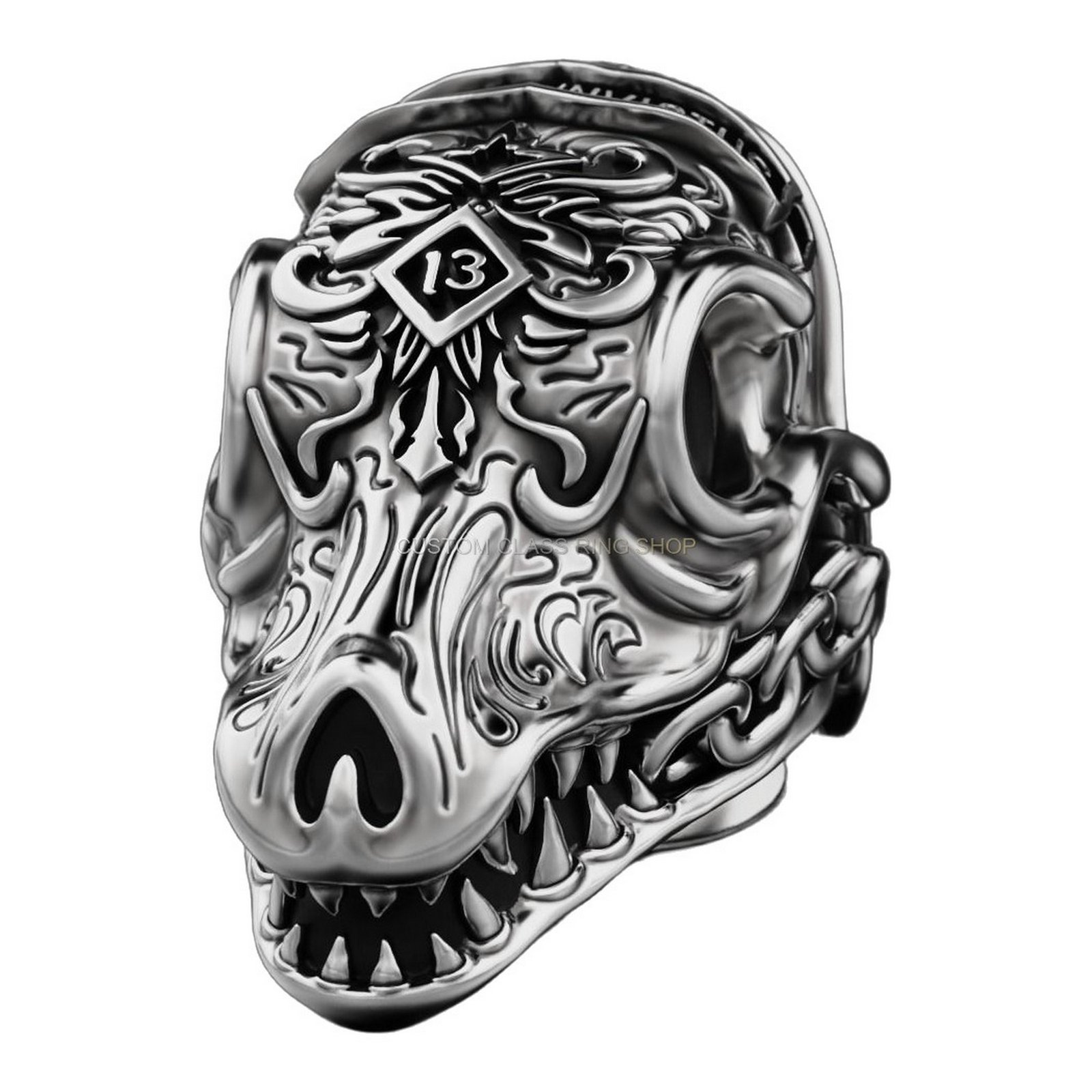mens sterling silver ornate skull ring with baroque filigree scrollwork