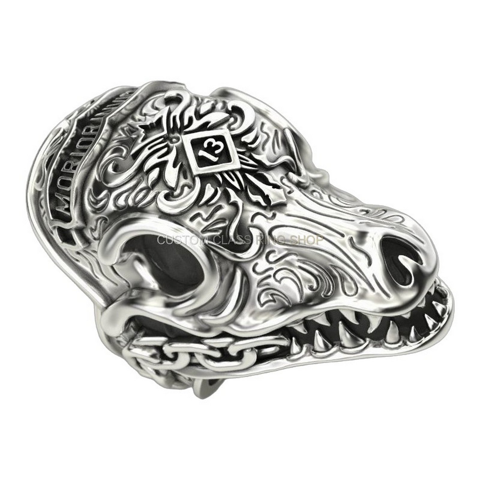 mens sterling silver ornate skull ring with baroque filigree scrollwork