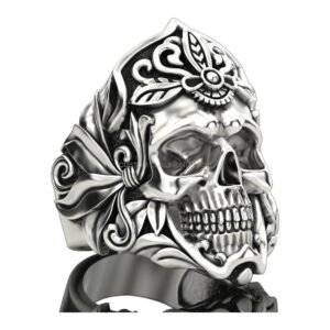 Mens sterling silver ornate skull ring with floral baroque frame