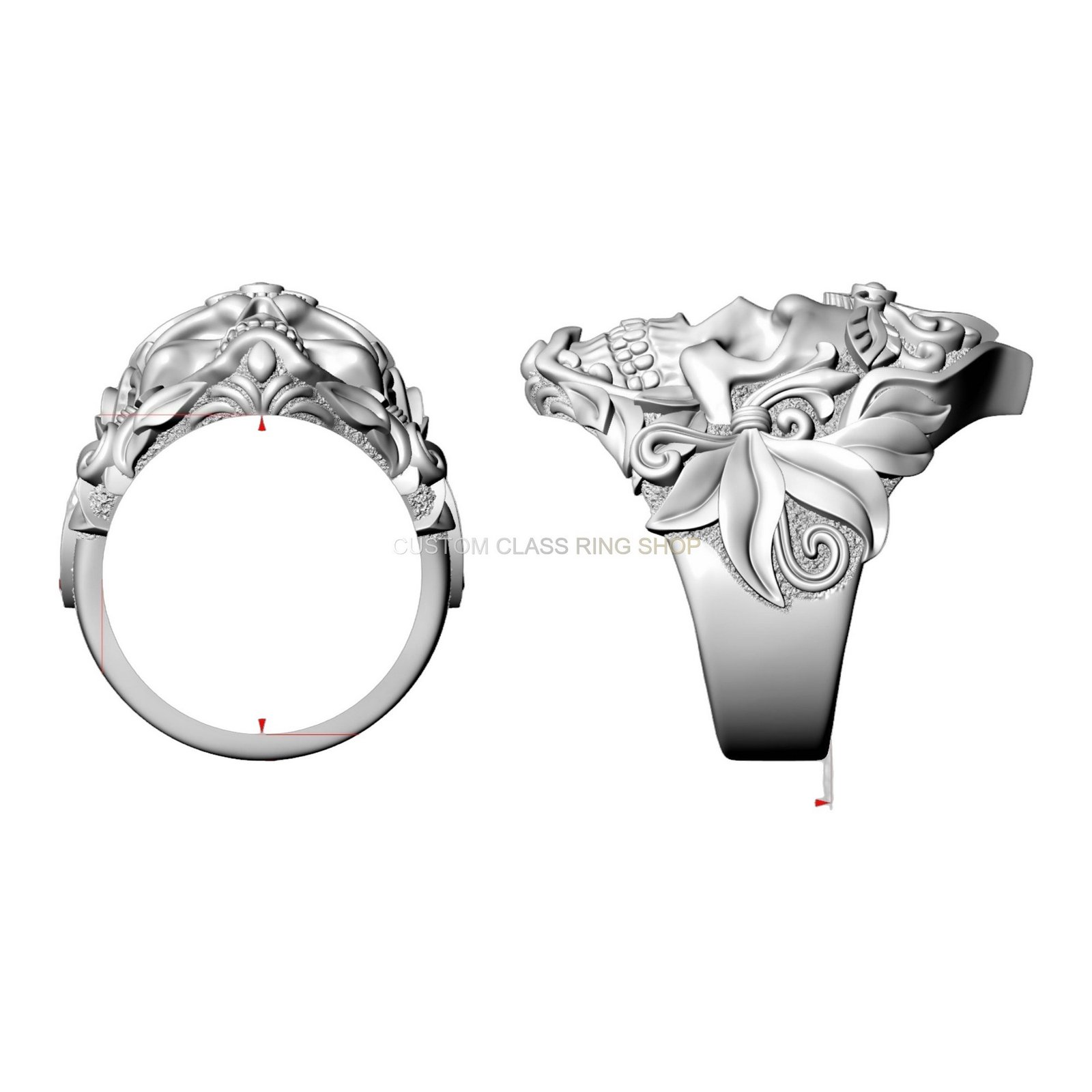 Mens sterling silver ornate skull ring, band and shoulder detail