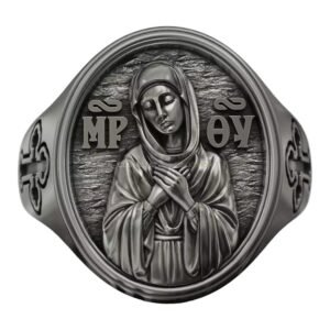 Sterling silver Mother of God signet ring with Orthodox cross accents