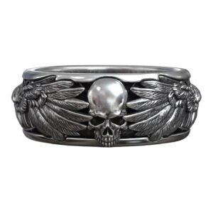 Sterling silver gothic raven skull ring with feathered wings