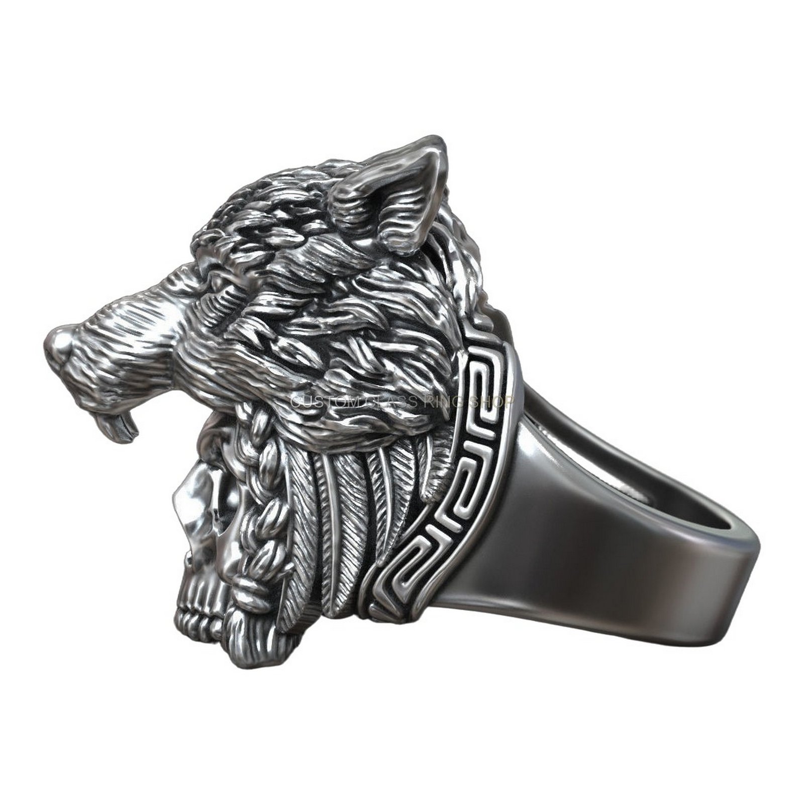 Sterling silver native american wolf skull ring, side profile with ring band