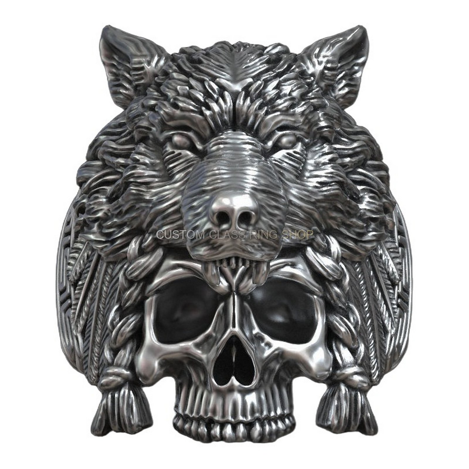 Sterling silver native american wolf skull ring, front head-on wolf and skull view