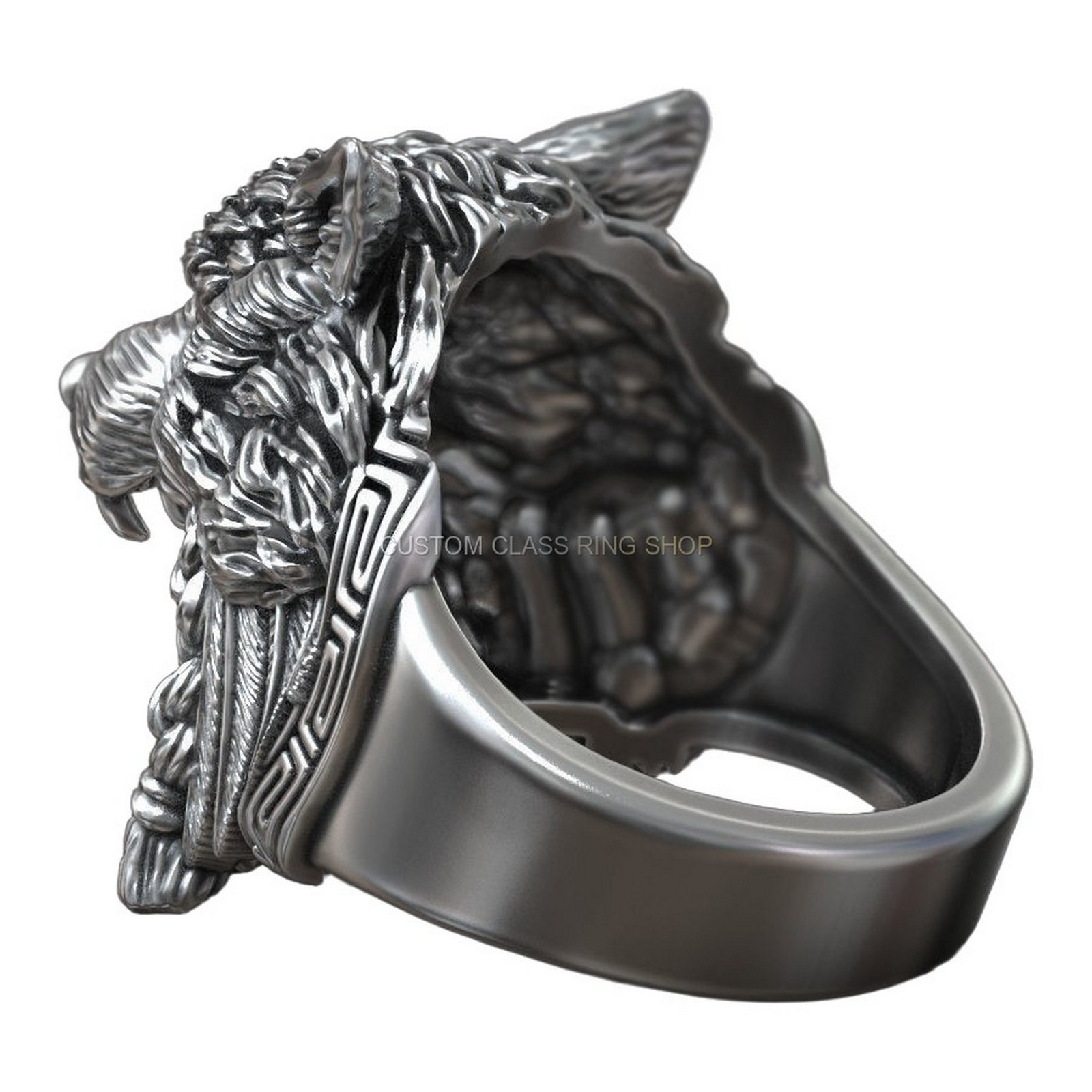 Sterling silver native american wolf skull ring, angled side detail of wolf