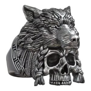 Sterling silver native american wolf skull ring with oxidized finish