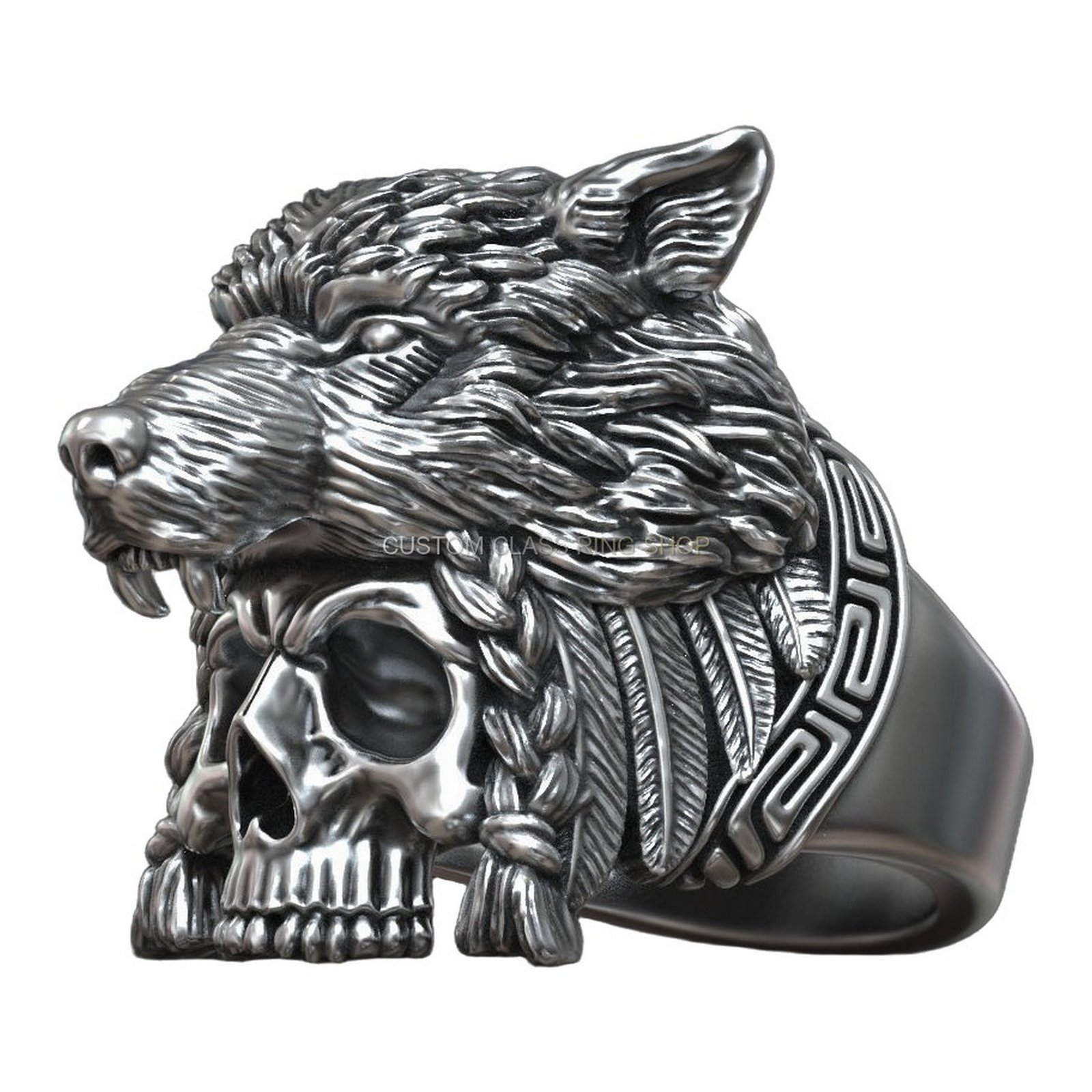 Sterling silver native american wolf skull ring, green resin cast mold finish