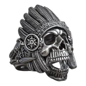 Native american skull sterling silver statement ring with feathered war bonnet